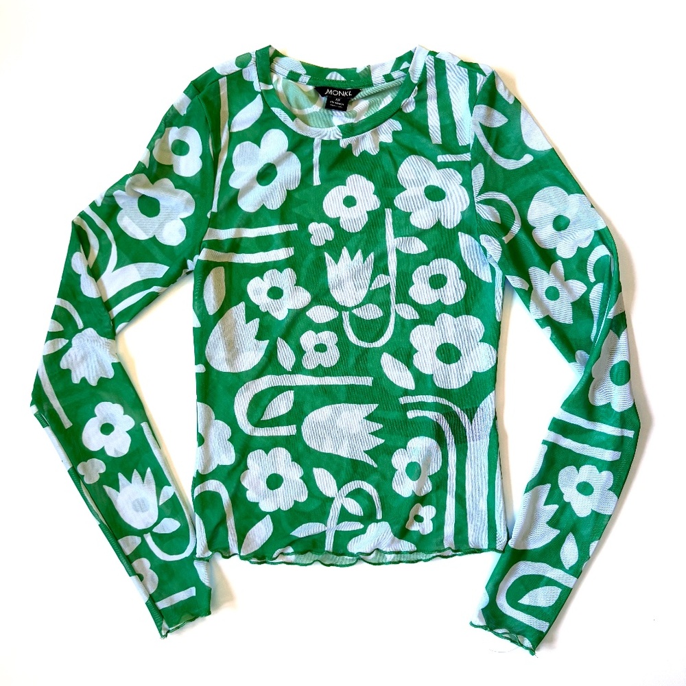 Monki mesh long sleeve top in green floral print